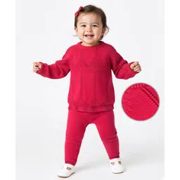 Babyoye 100% Cotton Knitted Full Raglan Sleeves Solid Sweater Set - Red image 1