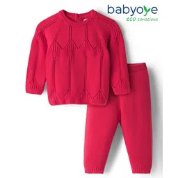 Babyoye 100% Cotton Knitted Full Raglan Sleeves Solid Sweater Set - Red image 2