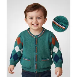 Babyoye 100% Cotton Knitted Full Sleeves Checkered Front Open Sweater with Pockets - Dark Green-picture-15