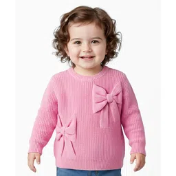 Babyoye 100% Cotton Knitted Full Sleeves Pullover Sweater With Bow Applique - Pink-picture-21