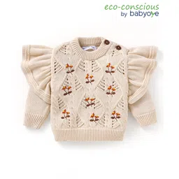 Babyoye 100% Cotton Knitted Full Sleeves Pullover Sweater with Floral Embroidery & Frill Detailing - Beige-picture-27