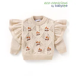 Babyoye 100% Cotton Knitted Full Sleeves Pullover Sweater with Floral Embroidery & Frill Detailing - Beige-picture-23