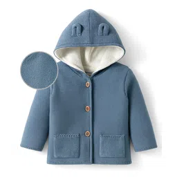 Babyoye 100% Cotton Knitted Full Sleeves Solid Dyed Hooded Front Open Sweater - Blue-picture-16