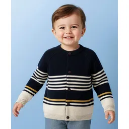 Babyoye 100% Cotton Knitted Full Sleeves Striped Front Open Sweater - Navy Blue-picture-25