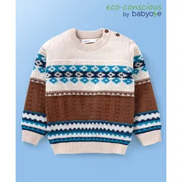 Babyoye 100% Cotton Knitted Full Sleeves Stripes Pullovers Sweater with Fair Isle Knitting Pattern - White-picture-18