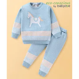 Babyoye 100% Cotton Knitted Full Sleeves Sweater Set with Horse & Chevron Design - Light Blue-picture-22
