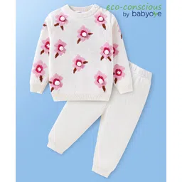 Babyoye 100% Cotton Knitted Textured Full Sleeves Sweater Set with Floral Design - White-picture-29