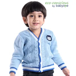 Babyoye 100% Cotton Solid Dyed Full Sleeves Cable Knit Front Open Sweater with Lion Patch - Blue-picture-27