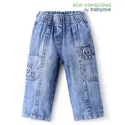 Babyoye 100% Cotton Woven Full Length Denim Jeans With Cargo Pockets & Kitty Patch - Blue-picture-11