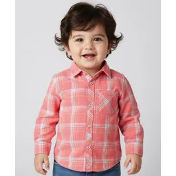 Babyoye 100% Cotton Woven Full Sleeves Checkered Party Shirt - Peach-picture-18