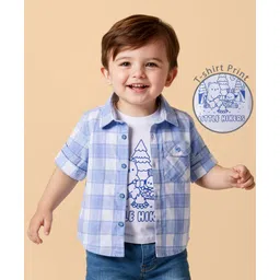 Babyoye 100% Cotton Woven Full Sleeves Checkered Shirt With T-Shirt - Blue & White-picture-11