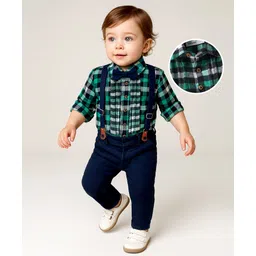 Babyoye 100% Cotton Woven Full Sleeves Checks Shirt & Trouser With Bow & Suspender - Green-picture-28