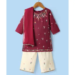 Babyoye 100% Cotton Woven Full Sleeves Kurti Salwar Set With Floral Embroidery & Dupatta - Wine & White-picture-18