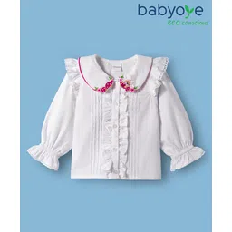 Babyoye 100% Cotton Woven Full Sleeves Peter Pan Collar Top With Frill Detailing & Bunny Embroidery - Red & White-picture-17