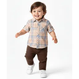 Babyoye 100% Cotton Woven Full Sleeves Shirt and Trouser Set With Checks - Peach & Bown-picture-15