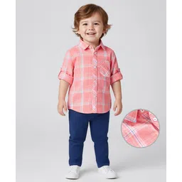 Babyoye 100% Cotton Woven Full Sleeves Shirt and Trouser Set With Checks - Pink & Blue-picture-26