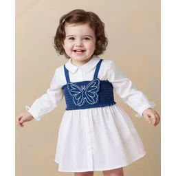 Babyoye 100% Cotton Woven Full Sleeves Shirt Dress With Denim Top & Butterfly Patch Embroidery - White & Blue-picture-39