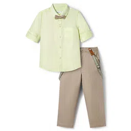 Babyoye 100% Cotton Woven Full Sleeves Solid Color Shirt & Trouser with Bow & Suspender - Yellow & Light Grey-picture-23