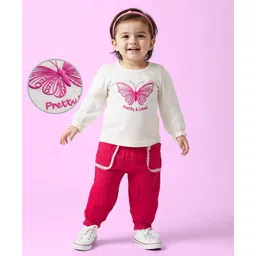 Babyoye 100% Cotton Woven Full Sleeves Top & Pant Set With Butterfly Embroidery - White & Red-picture-12