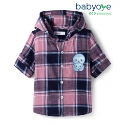 Babyoye 100% Cotton Woven Hooded Full Sleeves Checked Shirts with Animal Print - Purple-picture-10