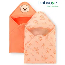 Babyoye 100% Cotton Woven Hooded Towels with Bear Print Pack of 2 L 80 x B 80 cm - Orange & Peach-picture-39