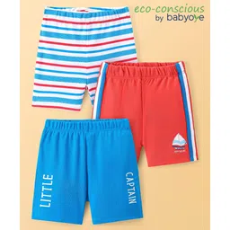 Babyoye 100% Cotton Woven Knee Length Shorts With Eco Jiva Finish Stripes & Text Print Pack Of 3 - Red Blue & White-picture-27