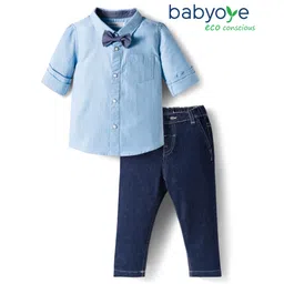 Babyoye 100% Cotton Woven Solid Dyed Full Sleeves Shirt & Trouser with Checks & Bow - Blue & Light Blue-picture-25