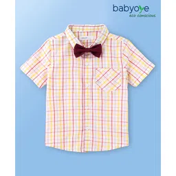 Babyoye 100% Cotton Woven Solid Dyed Half Sleeves Checked Shirts with Bow - Yellow Maroon & White-picture-21