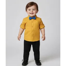 Babyoye 100% Cotton Woven Solid Full Sleeves Shirt & Bottom Set with Bow - Mustard Yellow & Black-picture-24