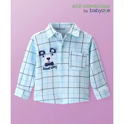 babyoye Babyoye100% Cotton Knit Full Sleeves Checks Shirt with Bear Applique - Light Blue-picture-24