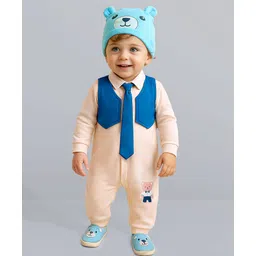 babyoye Babyoye100% Cotton Knit With Eco- Jiva Finish Romper with Attached Waist Coat Cap & Tie Bear Patch - Blue & Cream-picture-27