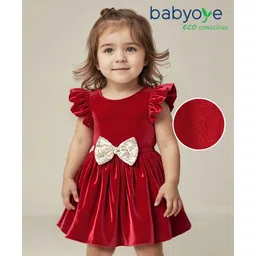 babyoye BabyoyeWoven Frill Sleeves Solid Colour Party Frock with Sequined Bow Applique - Red-picture-14
