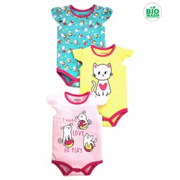 Babyoye Cap Sleeves Cotton Printed Onesies Pack of 3 - Baby Pink Yellow Blue-picture-25