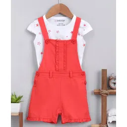 Babyoye Cap Sleeves Top & Solid Dungaree Set Star Print - Red-picture-20