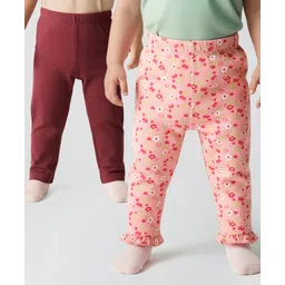 Babyoye Cotton Elastane Full Length Leggings with Floral Print Pack of 2 - Maroon & Peach-picture-16