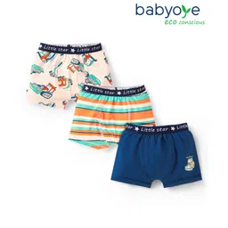 Babyoye Cotton Elastane Knit Trunks With Striped & Construction Vehicle Print Pack Of 3 - Cream White & Orange-picture-14