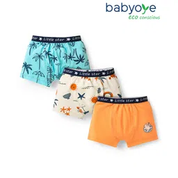 Babyoye Cotton Elastane Knit Trunks With Tree & Star Fish Print Pack Of 3 - Orange Light Blue & Cream-picture-26