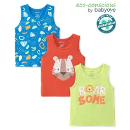 Babyoye Cotton Elastane With Anti Bacterial Finish Sleeveless Set of Vests Tiger Print Pack Of 3 - Blue Red & Green-picture-10