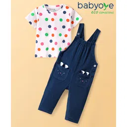 Babyoye Cotton Elastane Woven Half Sleeves T-Shirt & Dungaree with Polka Dots & Ear Applique - White & Navy Blue-picture-21