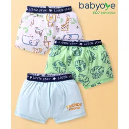 Babyoye Cotton Elastine Knit Trunk With Leaves & Elephant Print Pack Of 3 - White Green & Light Blue-picture-10