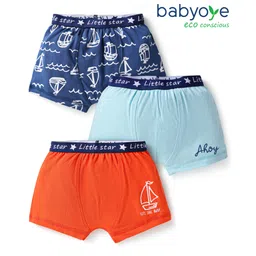 Babyoye Cotton Elastine Knit Trunks With Boat Print Pack Of 3 - Blue Light Blue Red-picture-22