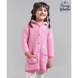 Babyoye Cotton Full Sleeves Hooded Sweater with Stripes and Floral Embroidery - Pink-picture-25
