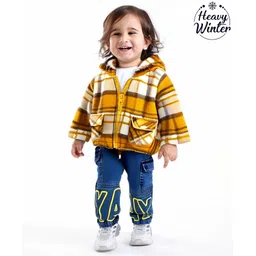 Babyoye Cotton Knit Full Raglan Sleeves Hooded Front Open Sweatjacket with Checks Design - Mustard-picture-13