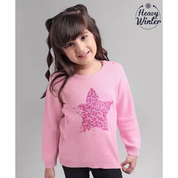 Babyoye Cotton Knit Full Sleeves Pullover Sweater Star Sequin Print - Pink-picture-13