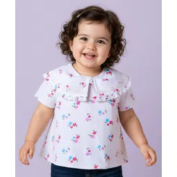 Babyoye Cotton Knit Half Sleeves Floral Printed Top With Frill & Lace Detailing - White-picture-22