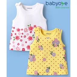 Babyoye Cotton Knit Sleeveless Tank T-Shirts With Floral Print & Bow Applique Pack Of 2 -White & Yellow-picture-15