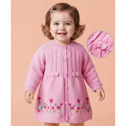 Babyoye Cotton Knitted Full Raglan Sleeves Woollen Dress with Floral Embroidery & Bow Applique - Pink-picture-15