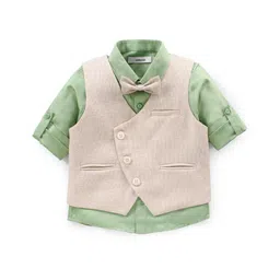 Babyoye Cotton Textured Solid Full Sleeves Party Shirt With Waistcoat & Bow- Beige & Green-picture-21