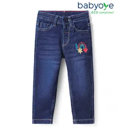 Babyoye Cotton Woven Full Length Jeans with Rainbow Embroidery - Blue-picture-39
