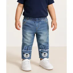 Babyoye Cotton Woven Full Length Jeans With Teddy Bear Embroidery & Ear Applique - Blue-picture-30